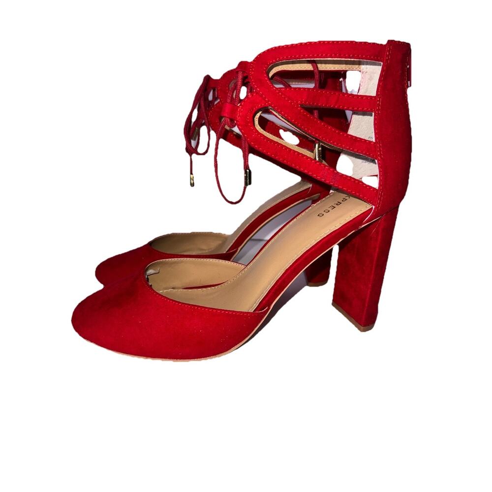 Express Red Faux Suede Lace-Up Block Heels Ghillie Pumps Size 10 Zip Back